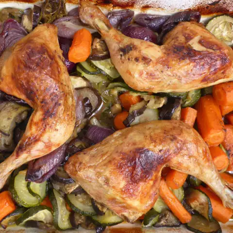 Frisch gebackene, knusprige Hähnchenschenkel aus dem Ofen auf einem Blech mit buntem Gemüse wie Zucchini, Karotten, Auberginen und Zwiebeln.