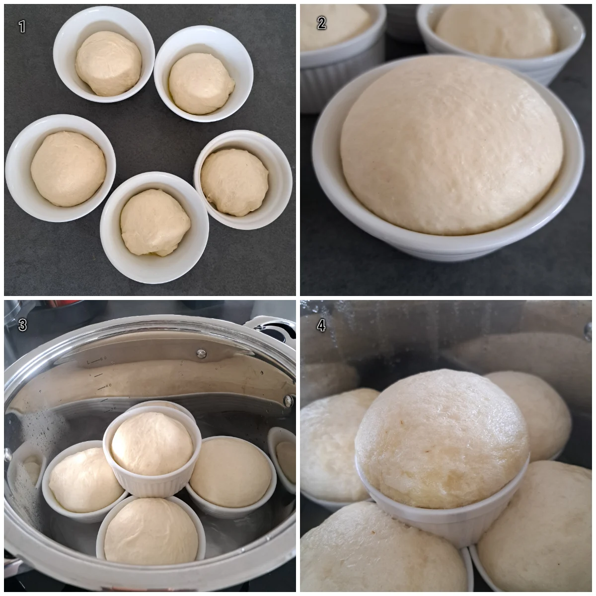 Collage showing dough placed in ramekins before the first rise, then the ramekins being set into a pot with boiling water after the second rise for steaming.
