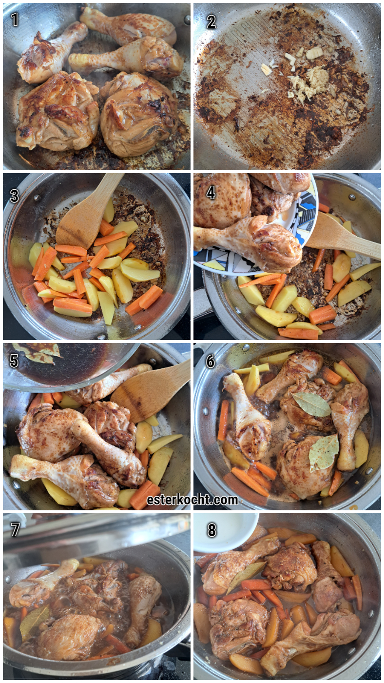 Collage zeigt die Zubereitung von Chicken Adobo: Hähnchen anbraten, Knoblauch und Ingwer anschwitzen, Kartoffeln und Karotten hinzufügen, Hähnchen mit Marinade und Zucker vermengen, umrühren und Speisestärke einrühren.