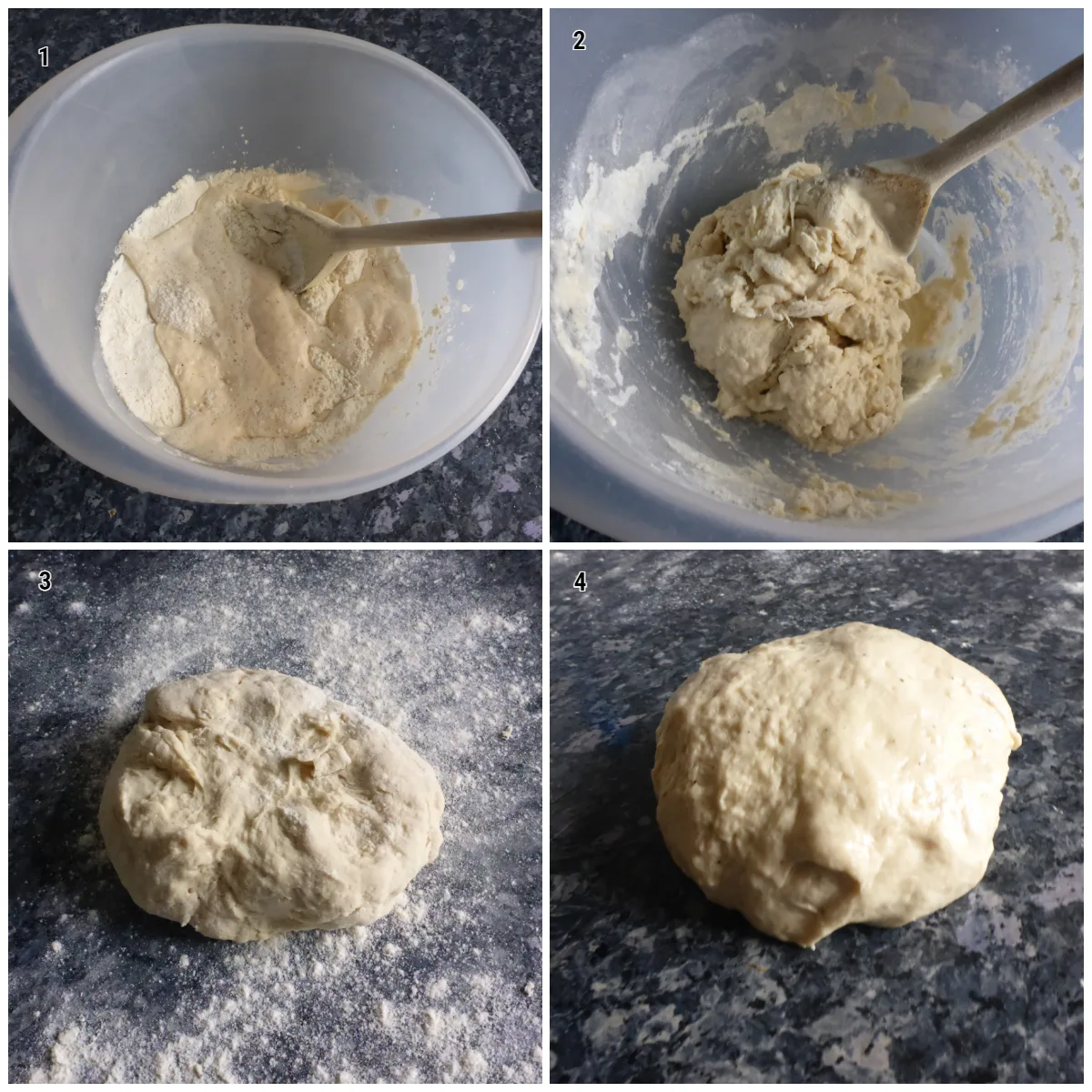 Bilderreihe zeigt, wie der Hefeteig für südafrikanisches Dampfbrot angerührt und geknetet wird.