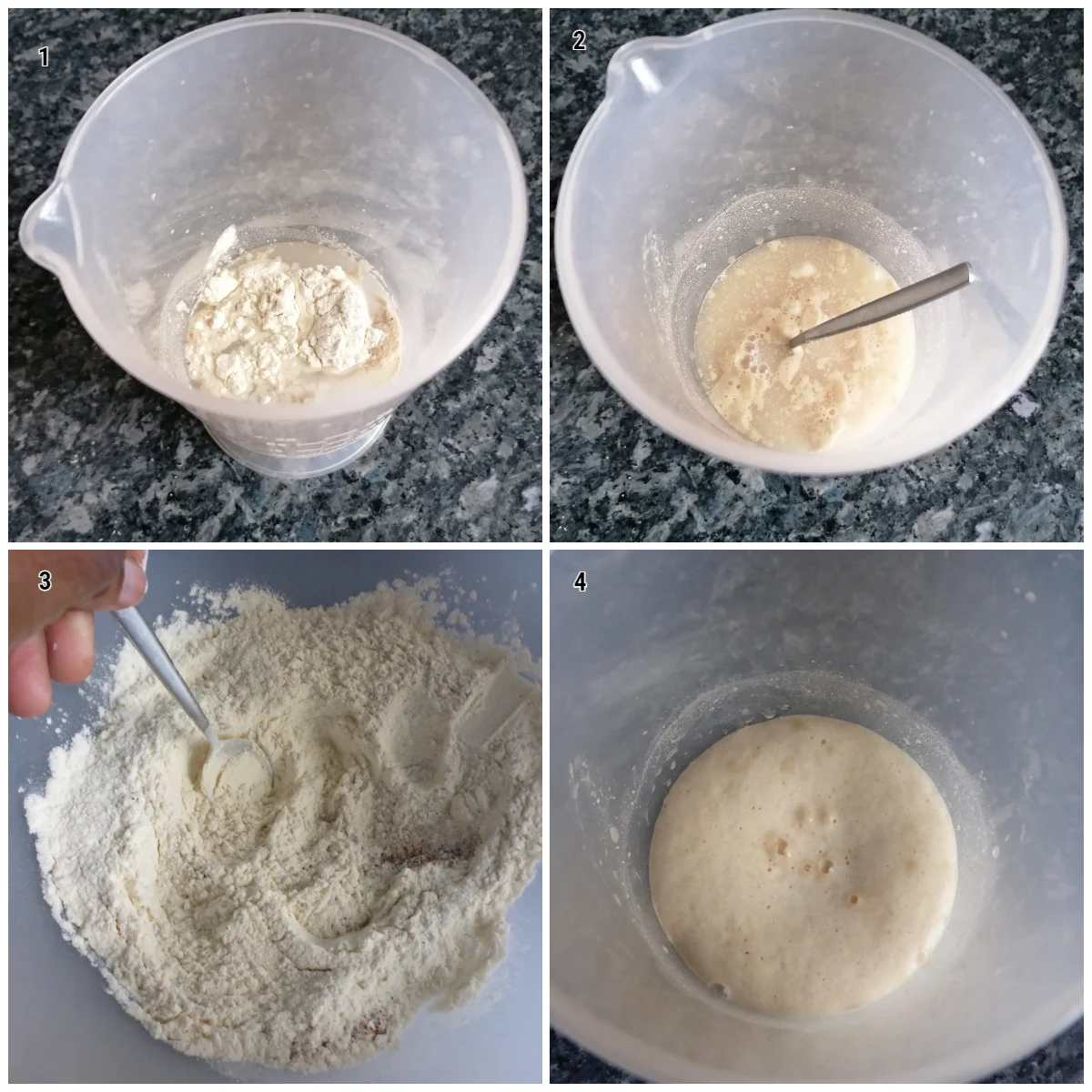 Schritt-für-Schritt-Anleitung zur Aktivierung von Trockenhefe mit Wasser, Zucker und Mehl.