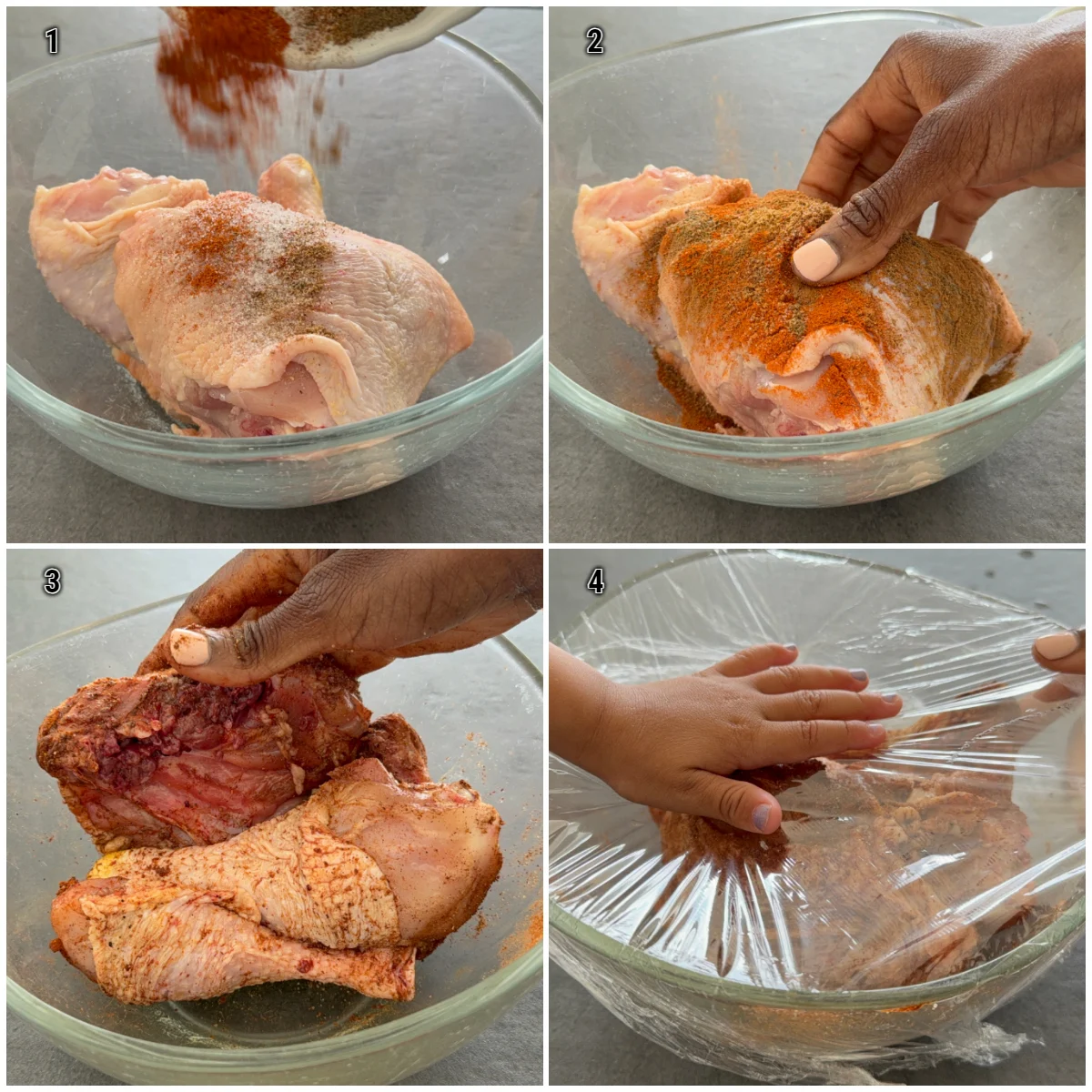 Das Marinieren von Hähnchenschenkel mit frisch zubereiteter Ras-el-Hanout-Gewürzmischung zur Zubereitung marokkanischer Hähnchens Tajine.