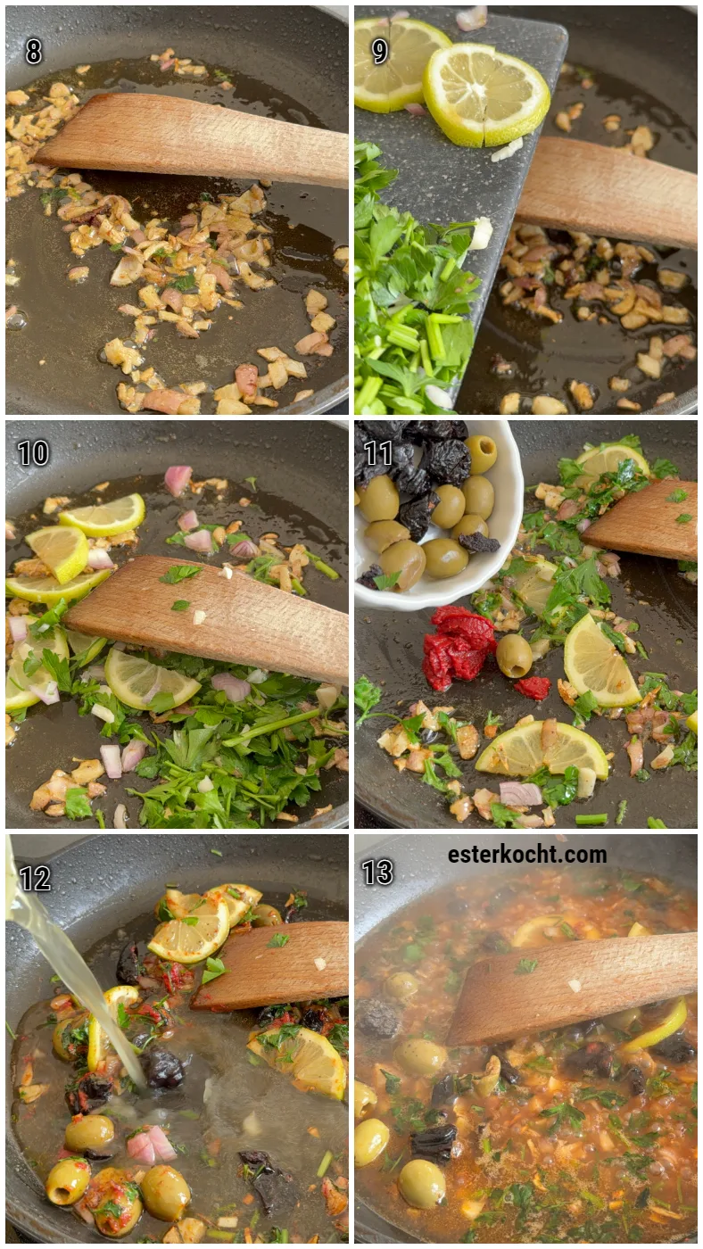 Die Collage zeigt die Zubereitung einer Hähnchen-Tajine-Soße mit Zitrone, Pflaumen und grünen Oliven, bevor das gebräunte Hähnchen hinzugefügt wird und langsam köchelt.