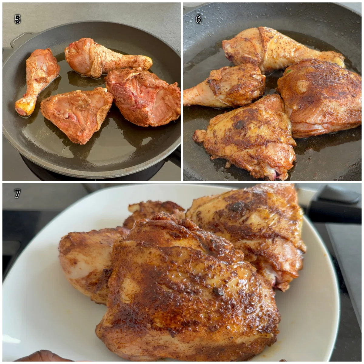 Gebräunte Hähnchenschenkel nach mindestens 3 Stunden Marinierzeit,  für die Zubereitung von marokkanischer Hähnchen-Tajine.