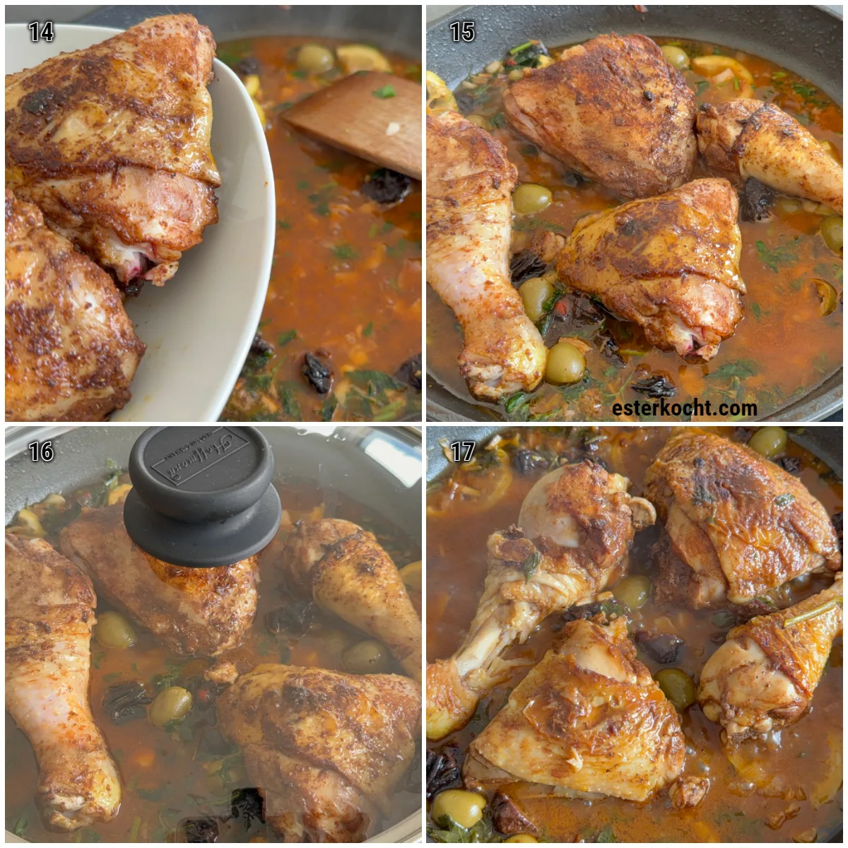 Das zuvor scharf gebratene Hähnchenfleisch wird in die Pfanne mit der Soße, grünen Oliven, getrockneten Pflaumen, Zitronen, Hühnerbrühe und Kräutern gegeben und geschmort, um eine köstliche Tajine zu kochen.