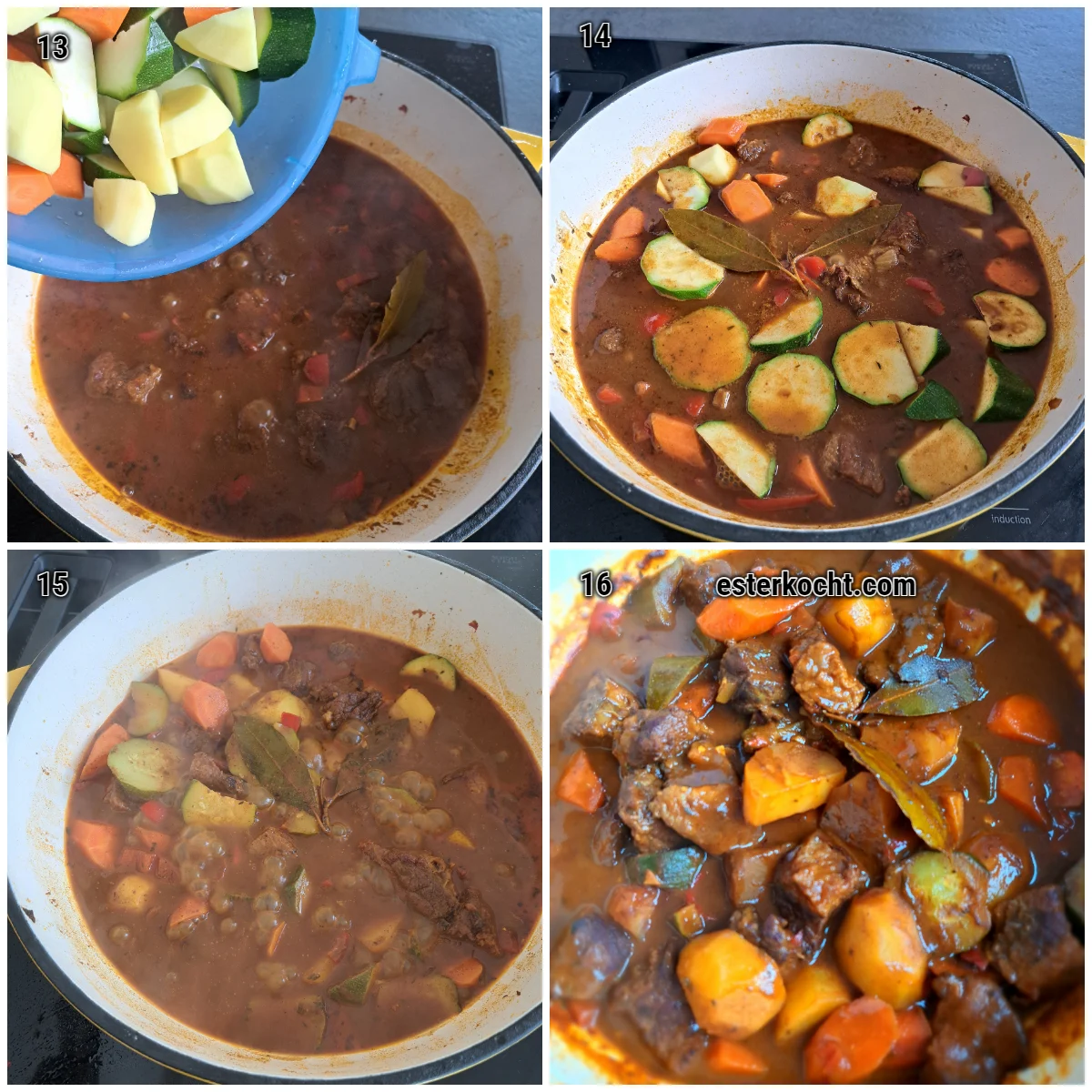 Collage showing fresh vegetables added to the simmering South African vegetable stew with beef and cooked until tender and flavorful.