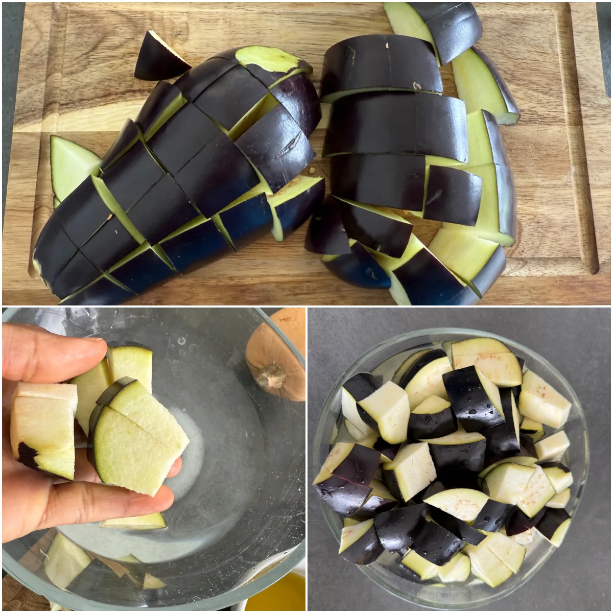 Eine Collage zeigt die Vorbereitung von Auberginen für einen afrikanischen Gemüseeintopf: gewürfelte Auberginen auf einem Holzbrett, Würfel, die mit den Händen gehalten und langsam in gesalzenes Wasser in einer durchsichtigen Glasschüssel gegeben werden, sowie eine Schüssel voller vorbereiteter Auberginenwürfel.