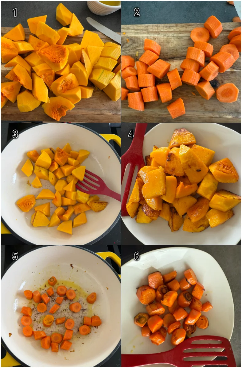 Eine Collage zeigt die Zubereitung von Butternut-Kürbis und Karotten: das Schälen, das Schneiden in Würfel, das Anbraten in einer Pfanne und das anschließende Anrichten auf einem flachen Teller.