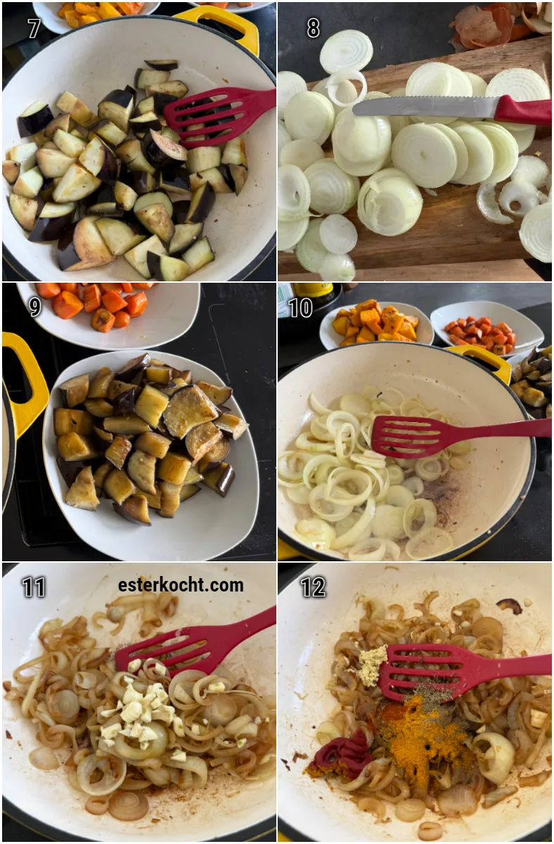 Eine Collage zeigt verschiedene Schritte der Zubereitung eines afrikanischen Gemüseeintopfs: angebratene Auberginen im Topf, langsam gegarte Zwiebeln, das Hinzufügen von gehacktem Knoblauch sowie das Einrühren von Gewürzen und Tomatenmark.