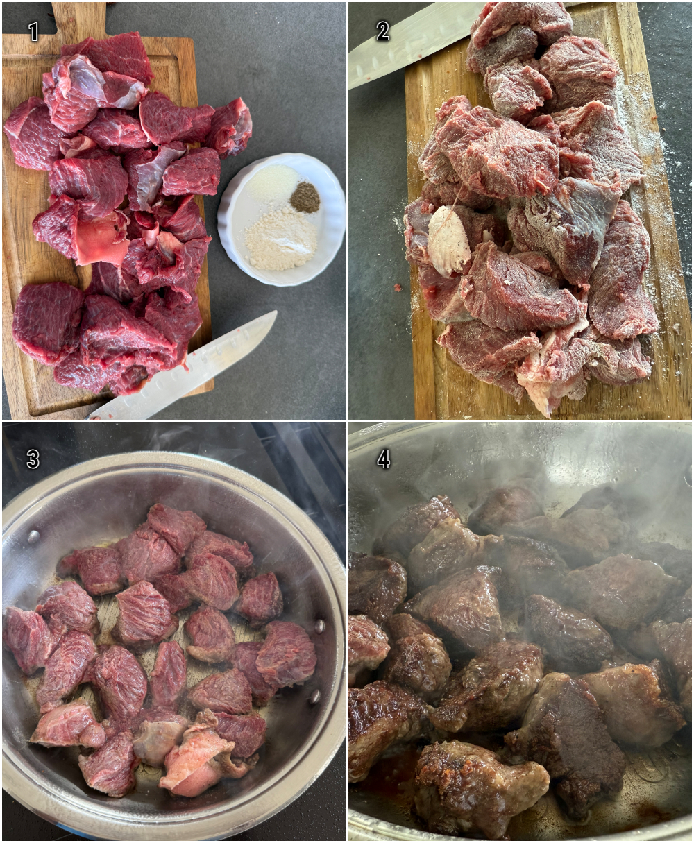 Rindfleischstücke werden mit Salz, Pfeffer und Mehl gewürzt und im Schmortopf bei mittlerer Hitze angebraten – erster Schritt für namibisches geschmortes Rindfleisch.