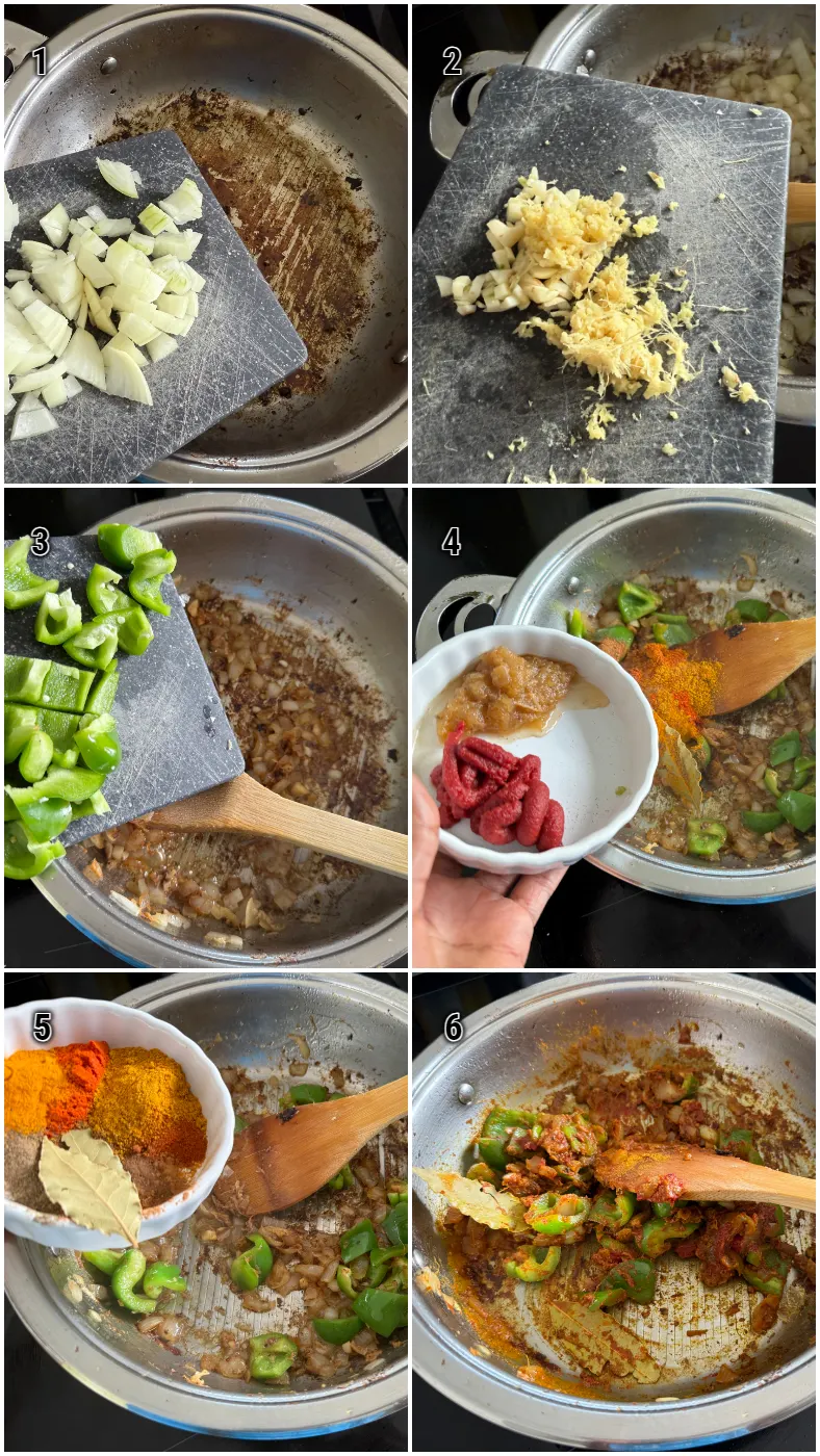 Zwiebeln, Knoblauch, Ingwer und Paprika werden im Schmortopf mit Gewürzen, Thymian, Tomatenmark und Chutney angebraten – Zubereitungsschritt für namibisches geschmortes Rindfleisch.