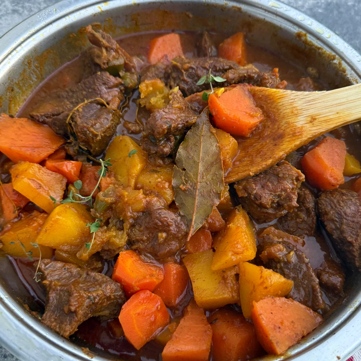 Buntes, frisch gekochtes namibisches geschmortes Rindfleisch mit Gemüse im Topf, minimal mit frischem Thymian garniert, zartes Fleisch und aromatische Soße – einladendes afrikanisches Soulfood.