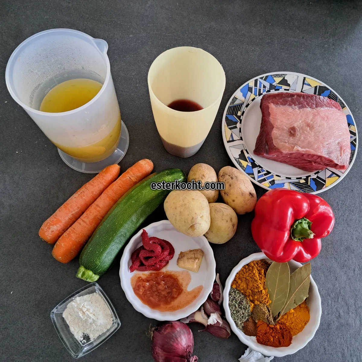 Collage showing browned beef added back to the pot with red wine and vegetable stock, brought to a boil, and simmered for about an hour.