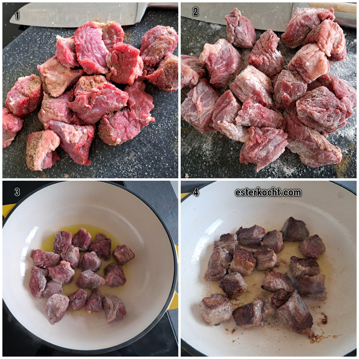 Collage showing beef cut into bite-sized pieces, seasoned with salt and pepper, coated with flour, and browned for deep flavor.
