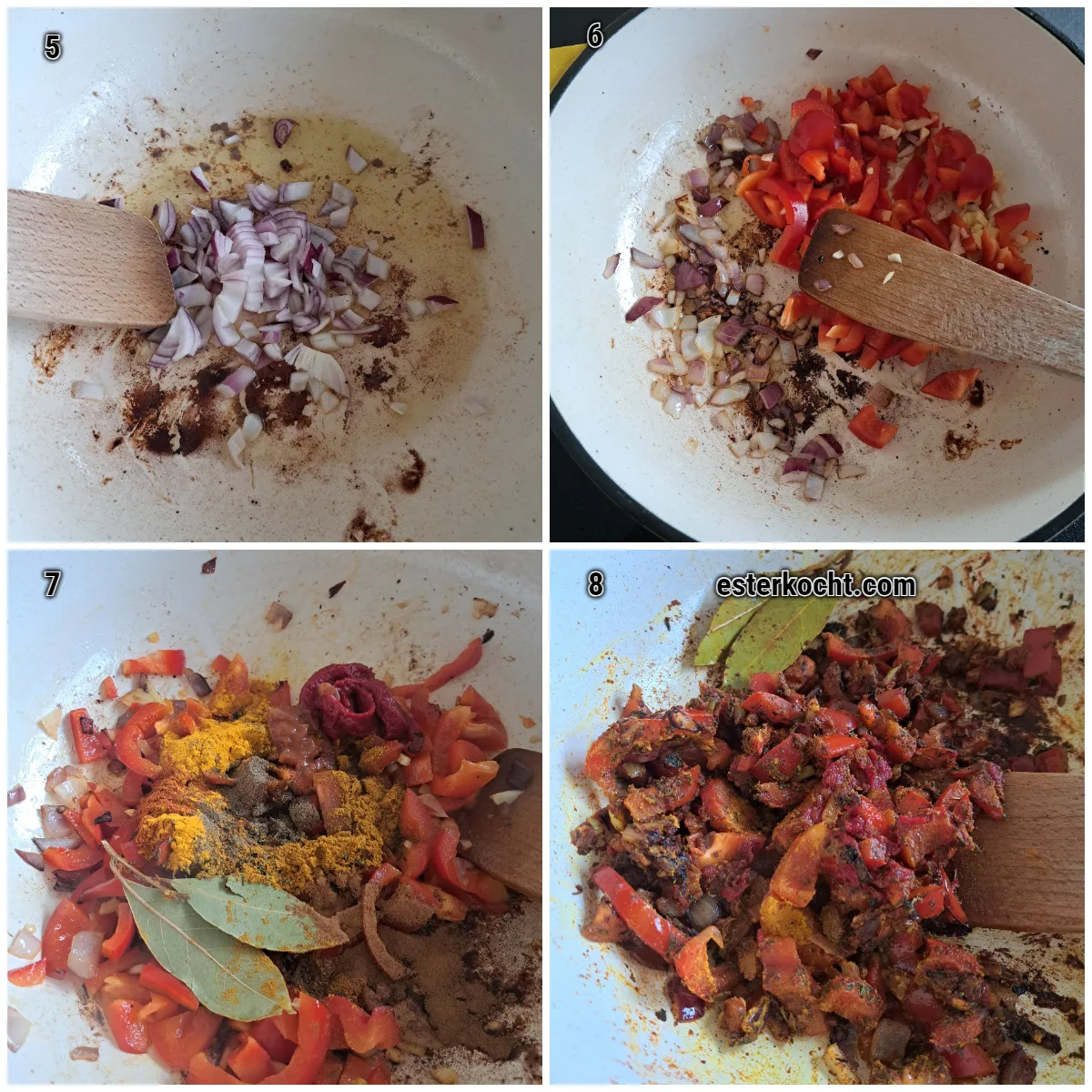 Collage showing onions sautéed, garlic and ginger added, then bell pepper, tomato paste, and spices for rich beef stew South African Style flavor.