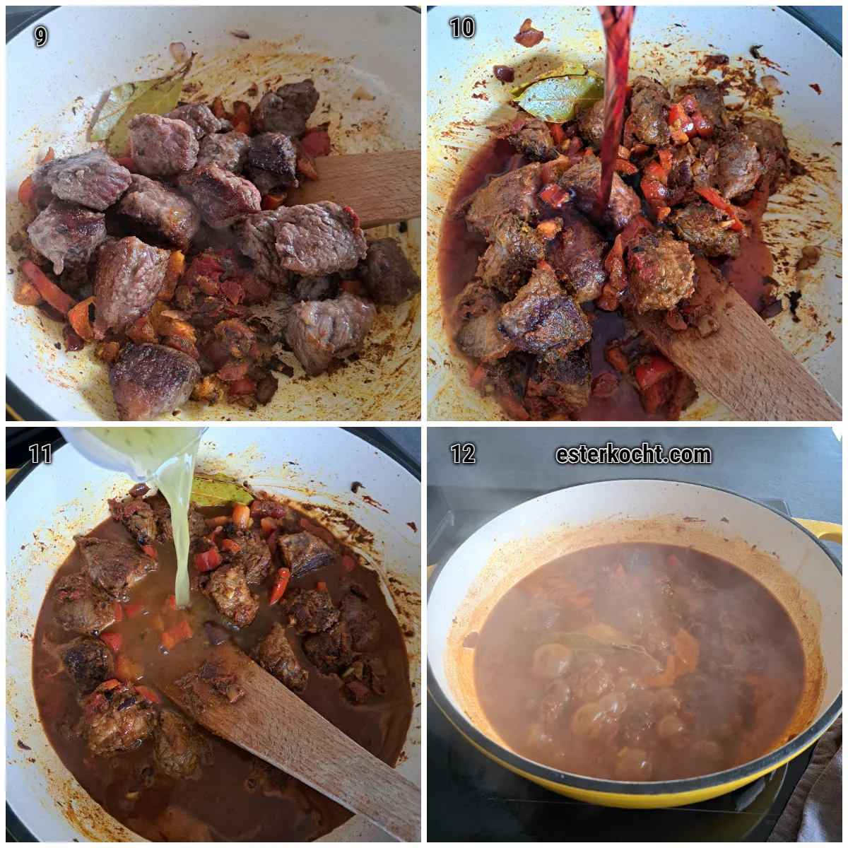 Collage showing browned beef added back to the pot with red wine and vegetable stock, brought to a boil, and simmered for about an hour.