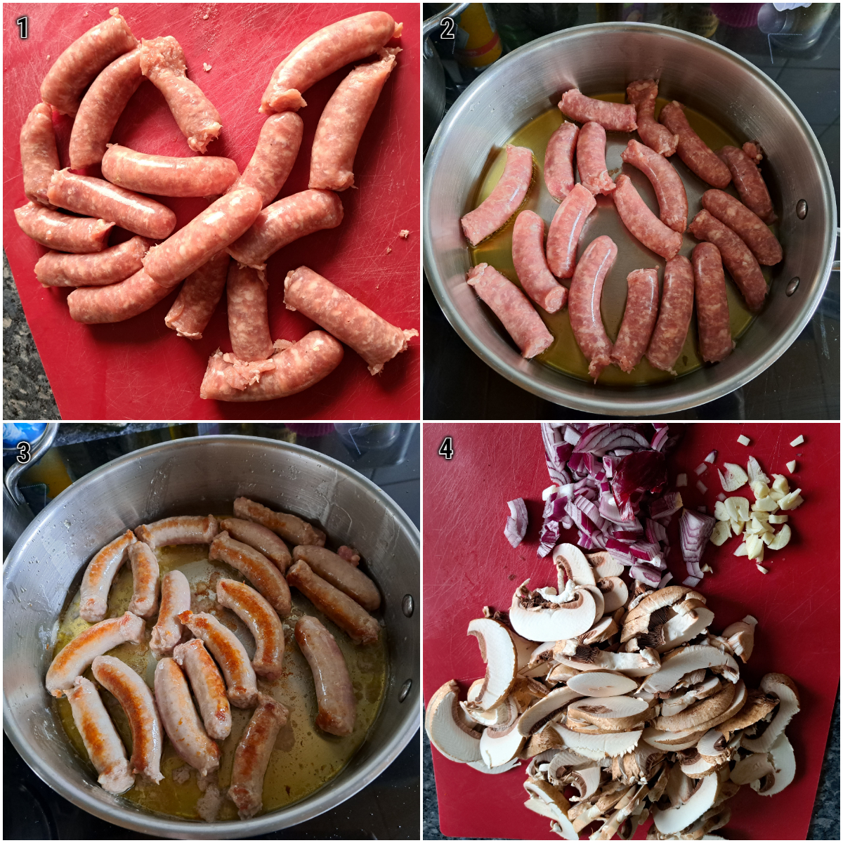 Bratw&uuml;rste schneiden und anbr&auml;unen, Zwiebeln, Knoblauch und Champignons vorbereiten