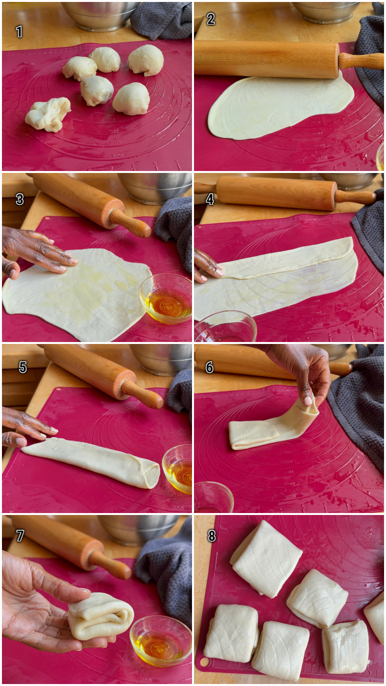 Shaping and folding Somali flatbread dough to create layers.