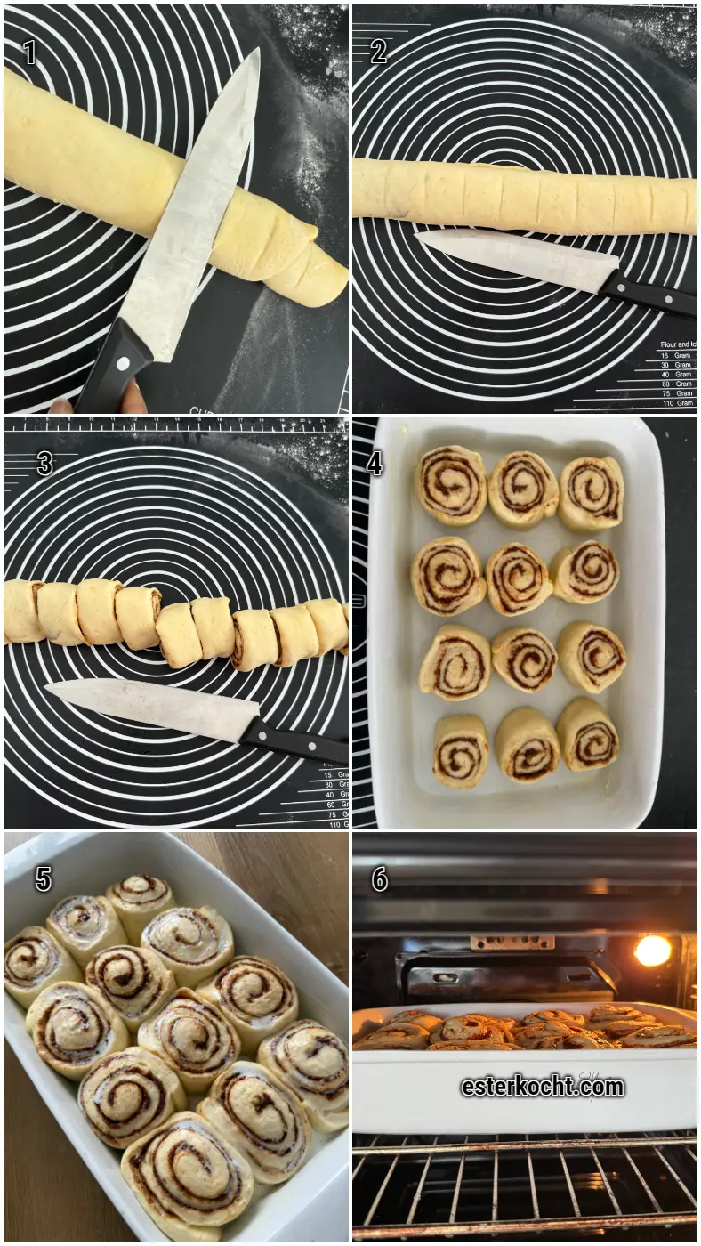Collage zeigt die Zubereitung von Zimtschnecken: Schneiden der Teigrolle mit Messertrick, Schnecken in die Form setzen, zweite Gehzeit, Milch darüber gießen und fertig gebacken aus dem Ofen.