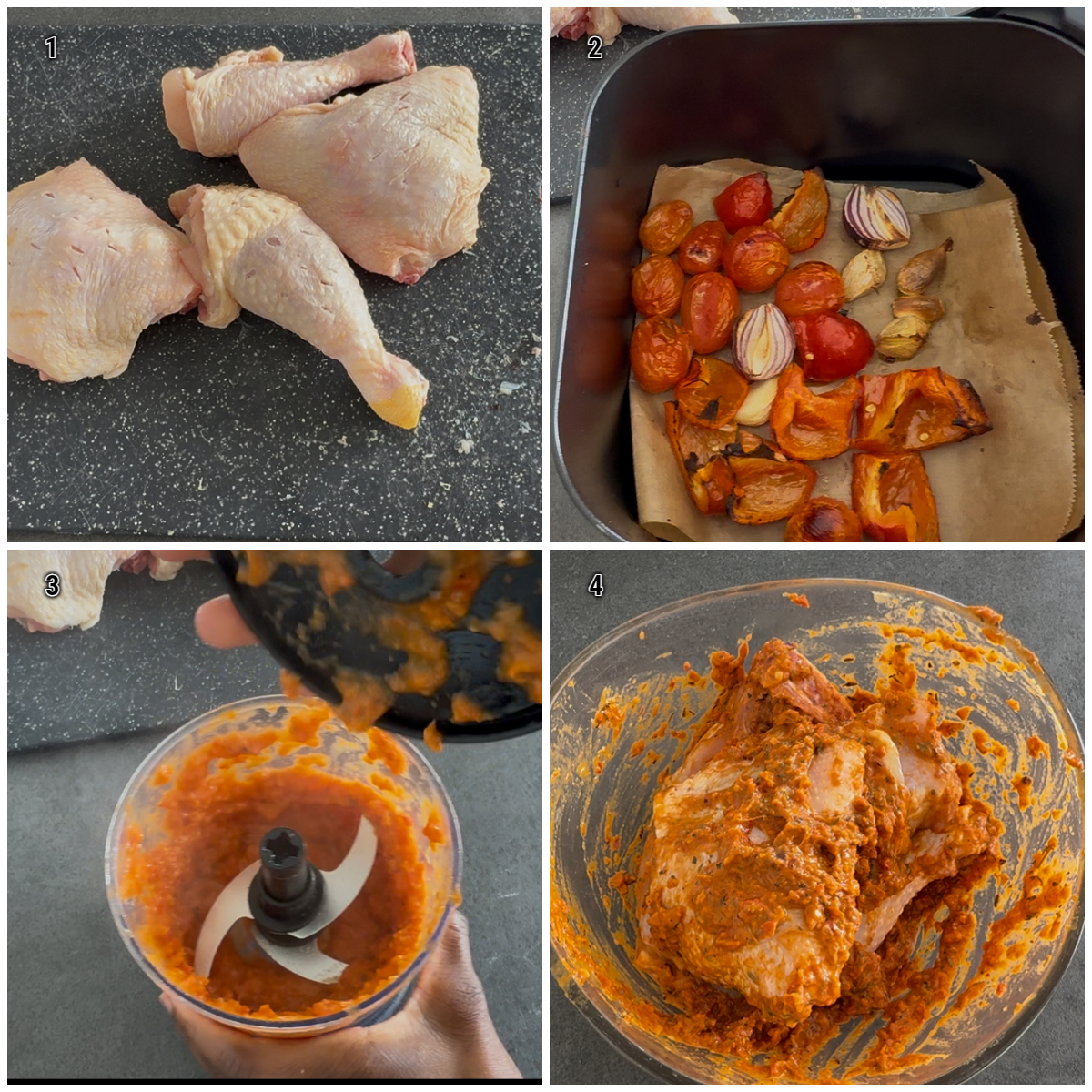 Collage mit Schritten: Geröstetes Gemüse pürieren, Hähnchen mit der Marinade vermengen und mindestens zwei Stunden marinieren lassen.