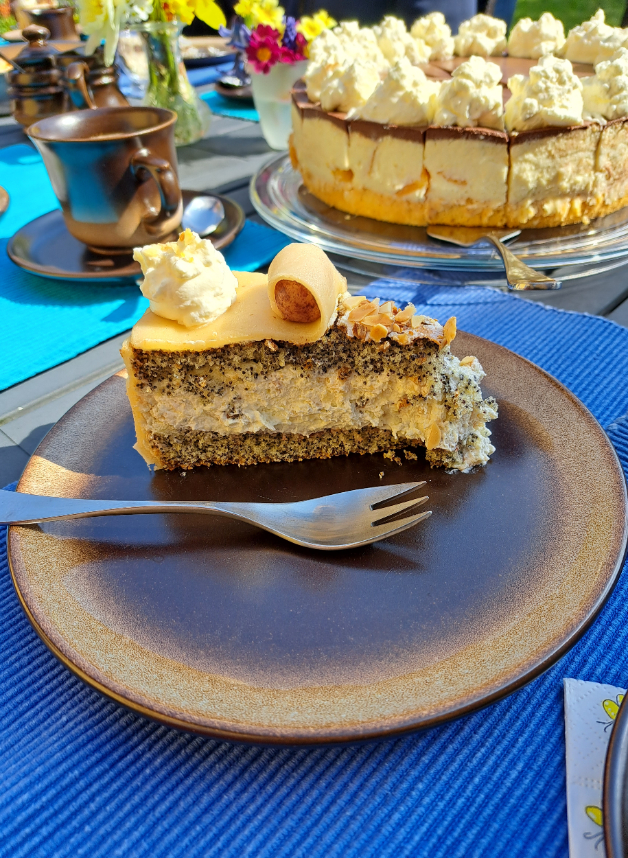 Slice of poppy seed cake with marzipan and cream filling