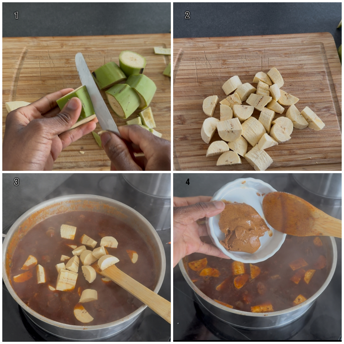 Kochbananen schneiden, schälen und zusammen mit Erdnussbutter in den afrikanischen Erdnuss-Eintopf geben