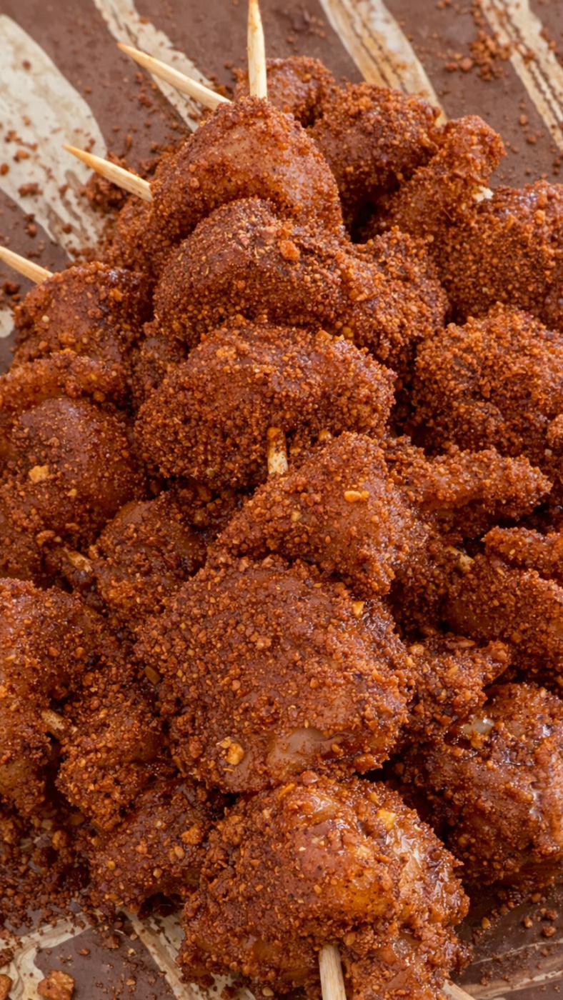 Marinierte Hähnchenbrust auf Fleischspießen, bestreut mit westafrikanischem Suya-Gewürz