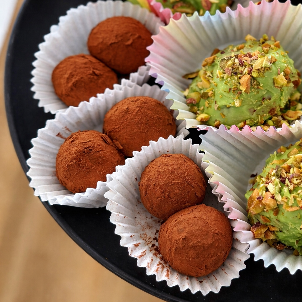 Homemade German marzipan potatoes and pistachio pralines served in paper cups on a plate