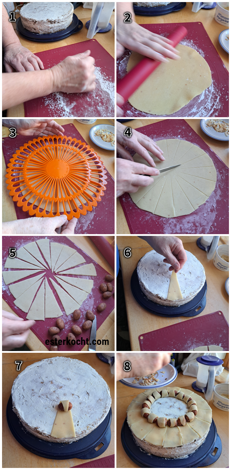 Rolling out marzipan and decorating a German poppy seed cake with marzipan