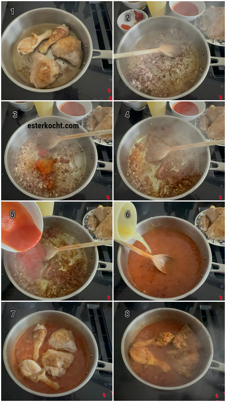 Schritte zur Zubereitung von afrikanischem Erdnuss-H&auml;hnchen.