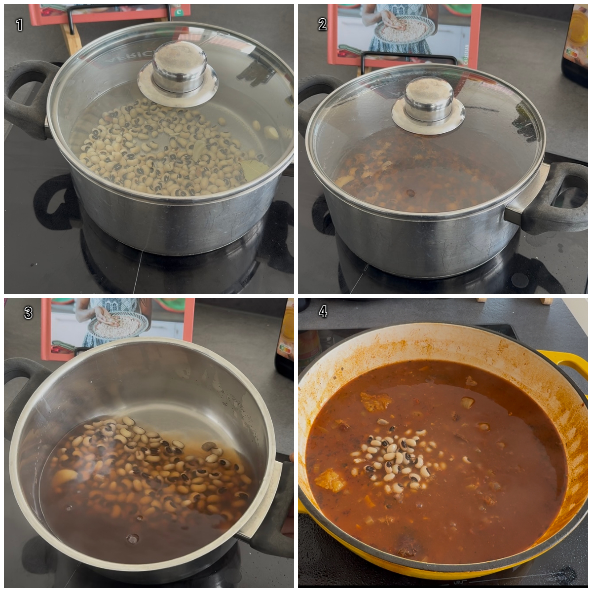 Collage zeigt das Vorkochen von schwarzaugigen Bohnen und das anschließende Hinzufügen zum afrikanischen Okra-Stew
