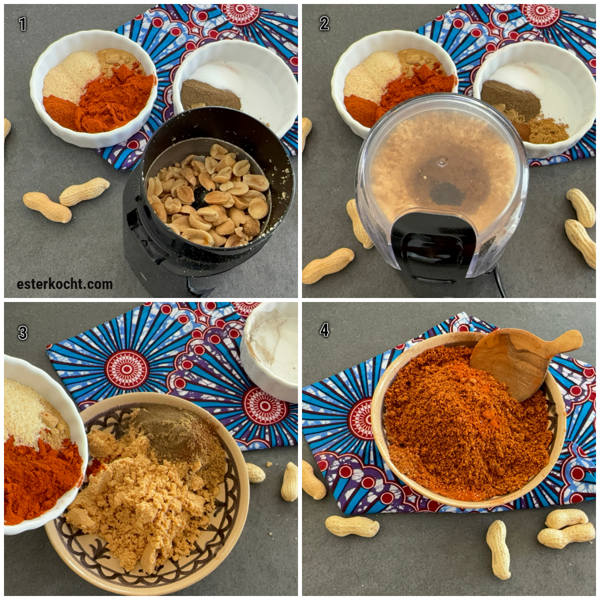Zubereitungsschritte für westafrikanisches Suya Gewürz beim Mahlen und Mischen der Gewürze
