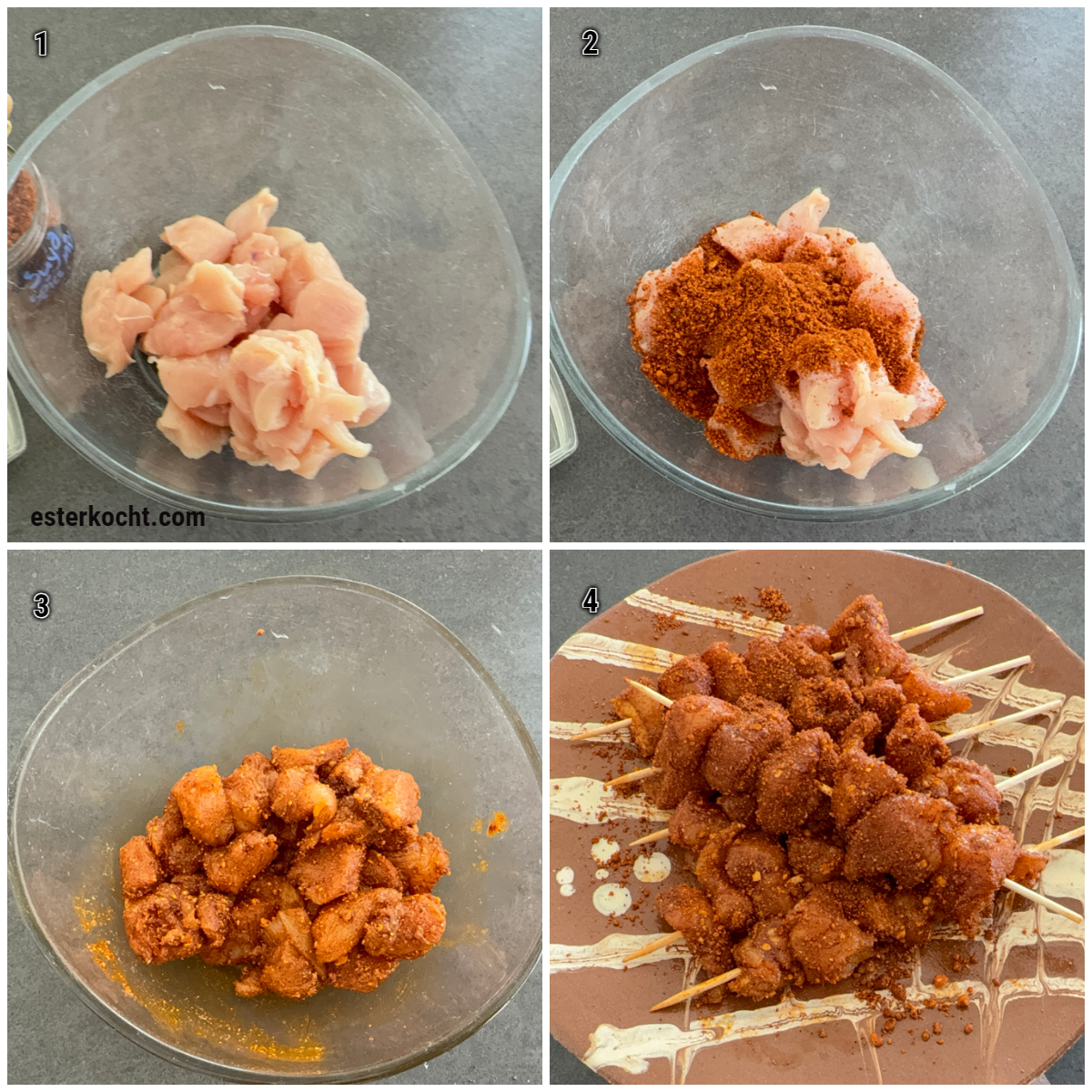 Schritt-für-Schritt Zubereitung von Suya Chicken mit Marinieren und Aufspießen. Collage mit Schneiden, Marinieren und Aufspießen von Hähnchen für westafrikanische Suya Hähnchenspieße