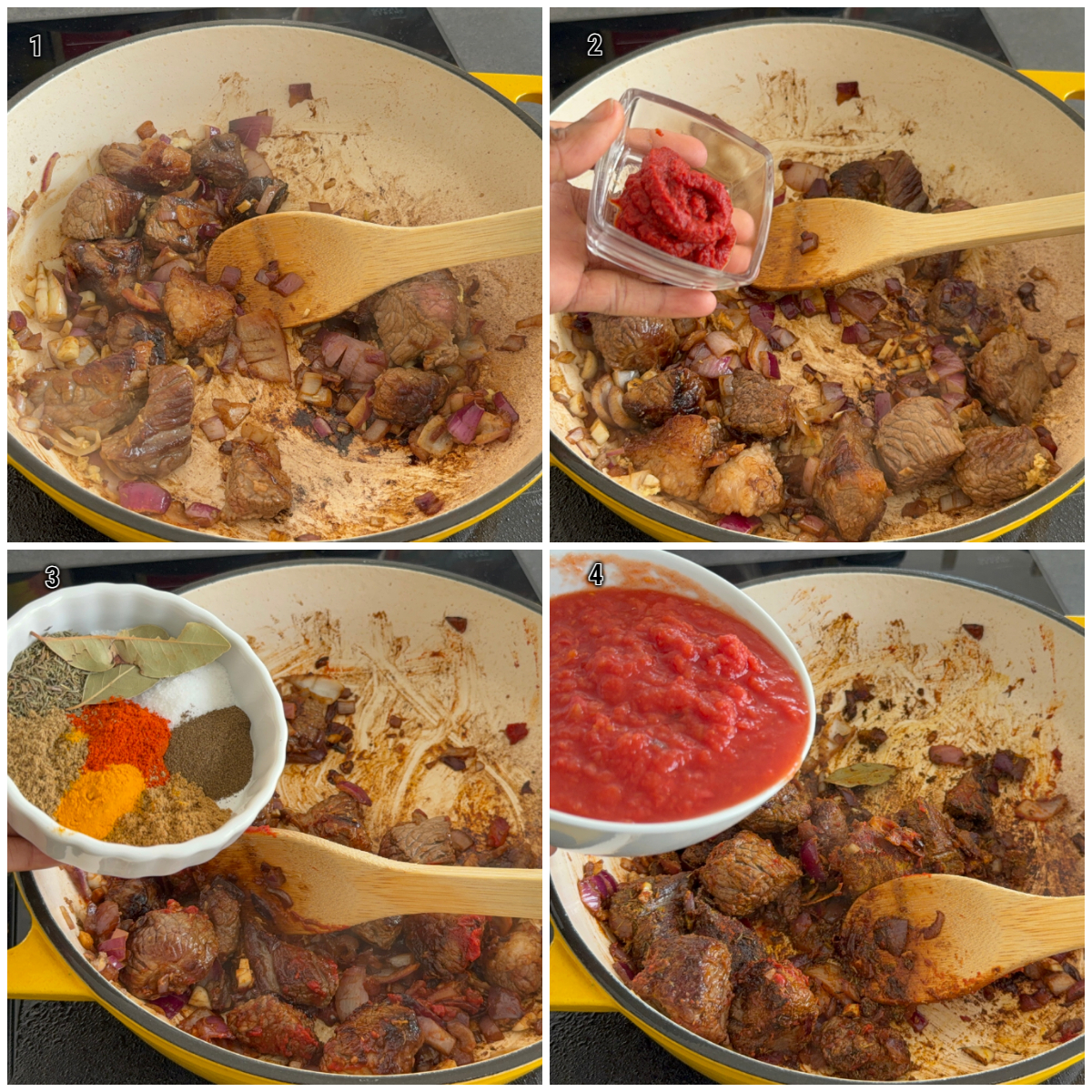 Collage mit Zwiebeln, Tomatenmark, Gewürzen und Tomaten, die Schritt für Schritt zu einem afrikanischen Okra-Stew hinzugefügt werden