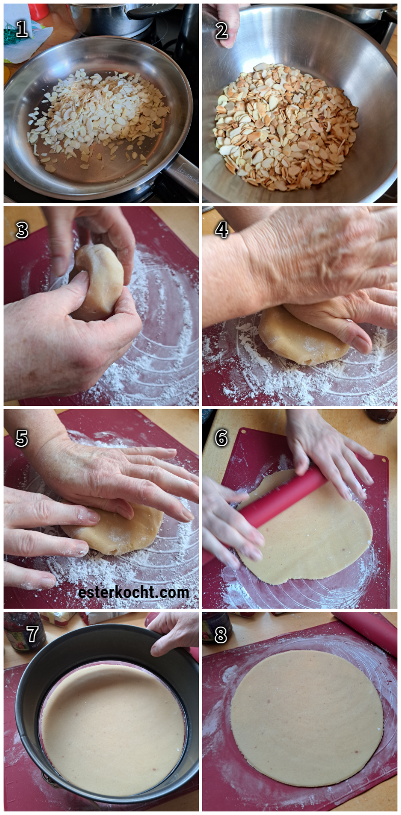 Rolling out marzipan on a powdered sugar-dusted surface for the cake filling and roasting almond flakes in a pan without oil.