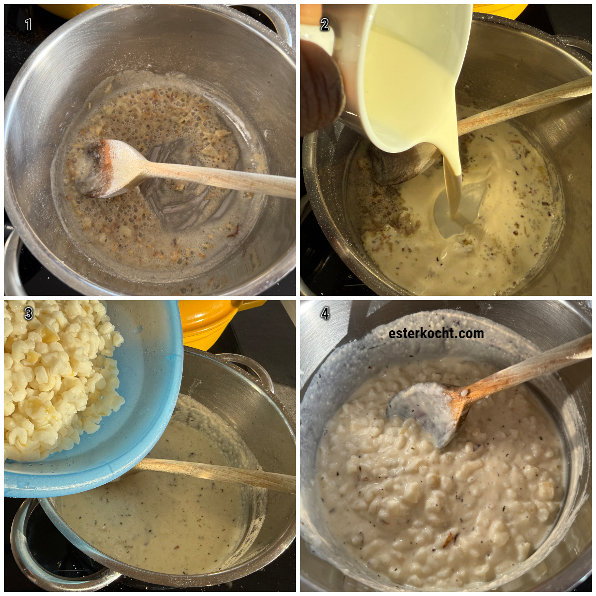 Collage der Zubereitung: Mehl und Gewürze werden zu sautierten Zwiebeln und Knoblauch gegeben, Milch und Sahne eingerührt, weich gekochter Samp hinzugefügt