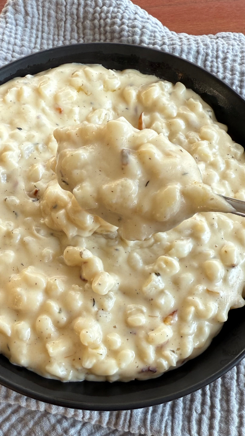 Cremiger Samp aus geschältem und gebrochenem Mais, serviert mit würziger Soße und abgerundet mit Butter.