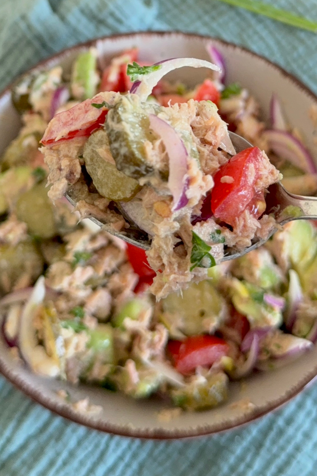 Cremiger Thunfischsalat mit Avocado, Tomate und eingelegten Gurken