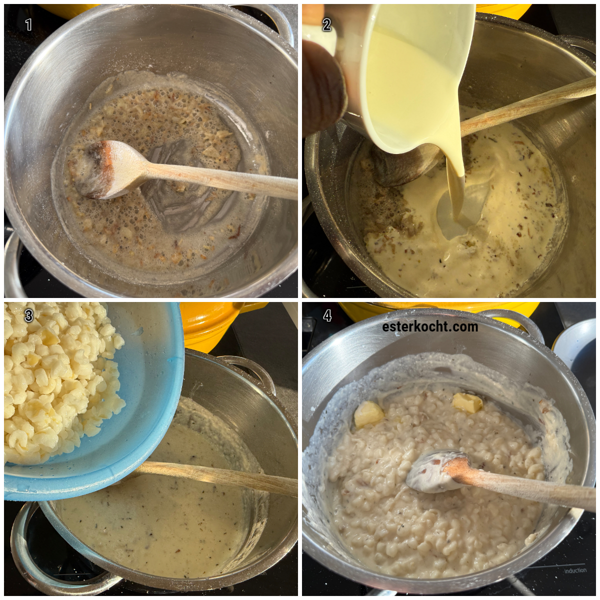 Step-by-step collage showing how to make the roux for creamy samp by sautéing onions, adding flour, and whisking in milk and cream.