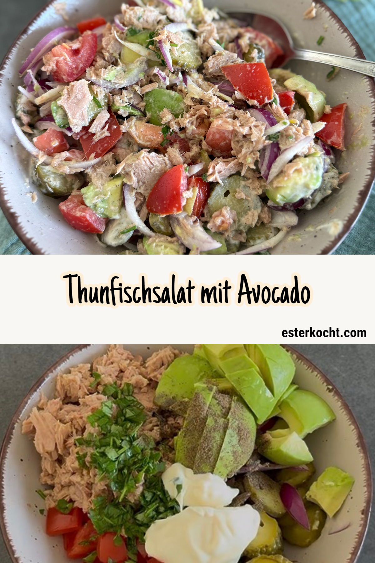 Avocadosalat mit Thunfisch, Tomate, eingelegten Gurken und Zwiebeln vor und nach der Zubereitung