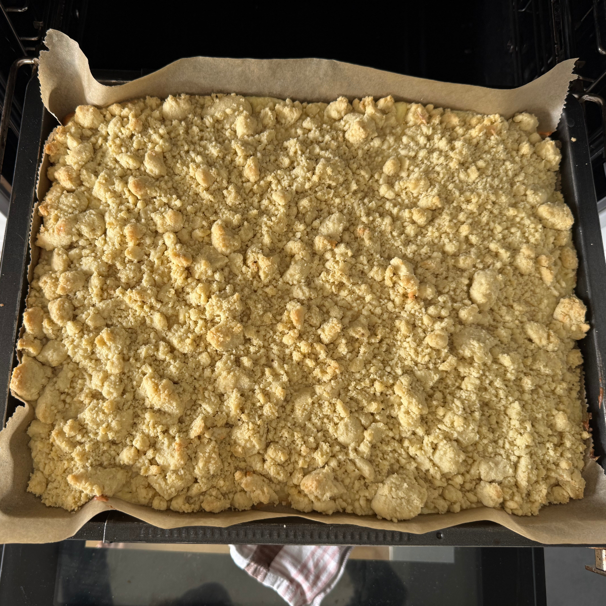 Frisch gebackener Streuselkuchen mit Schmand auf dem Blech.