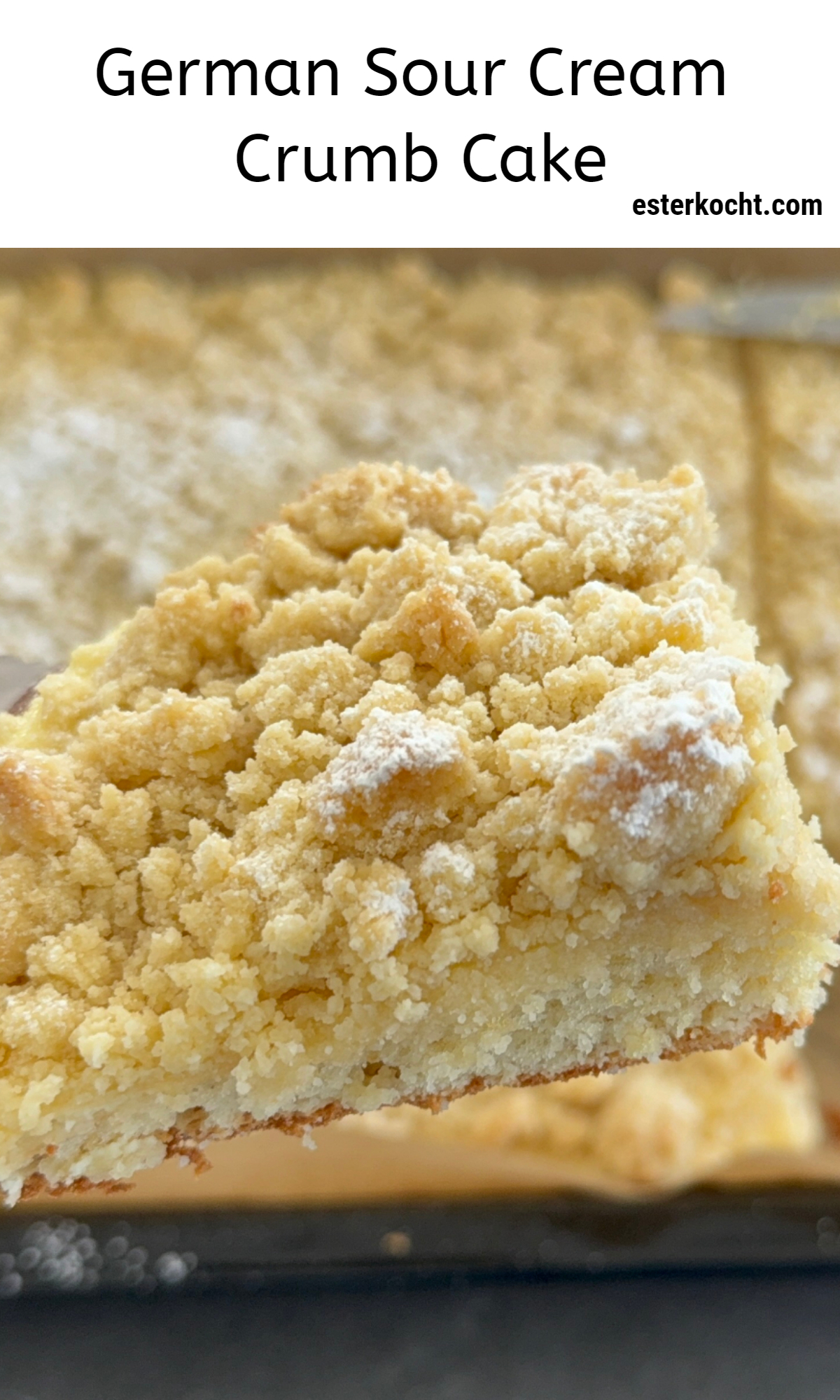 German sour cream crumb cake (Schmand-Streuselkuchen) with a soft vanilla cake base and buttery streusel topping.