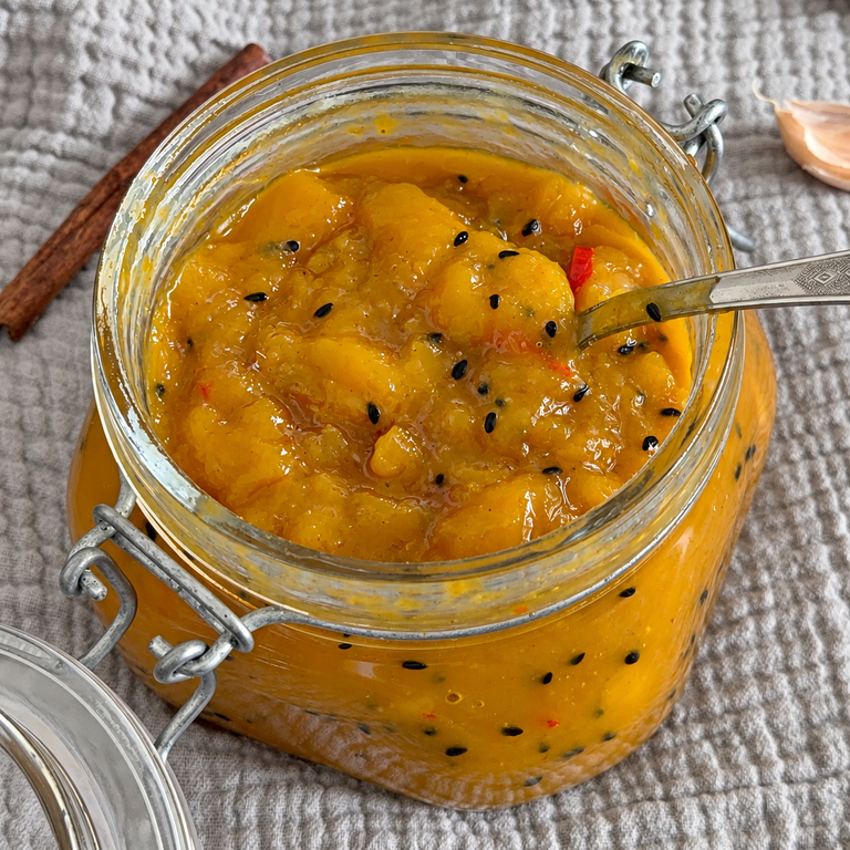 Fertiges, goldgelbes Mango-Chutney mit fruchtigen Mangostücken und Gewürzen appetitlich in einem Glas angerichtet.